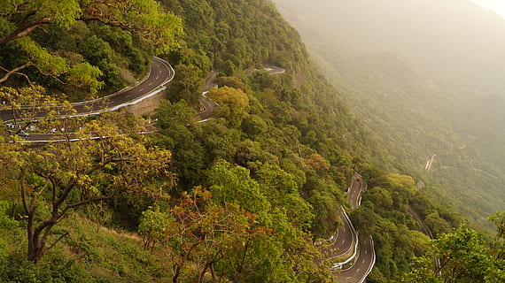 Scenic hairpin bend road on the way to Valparai